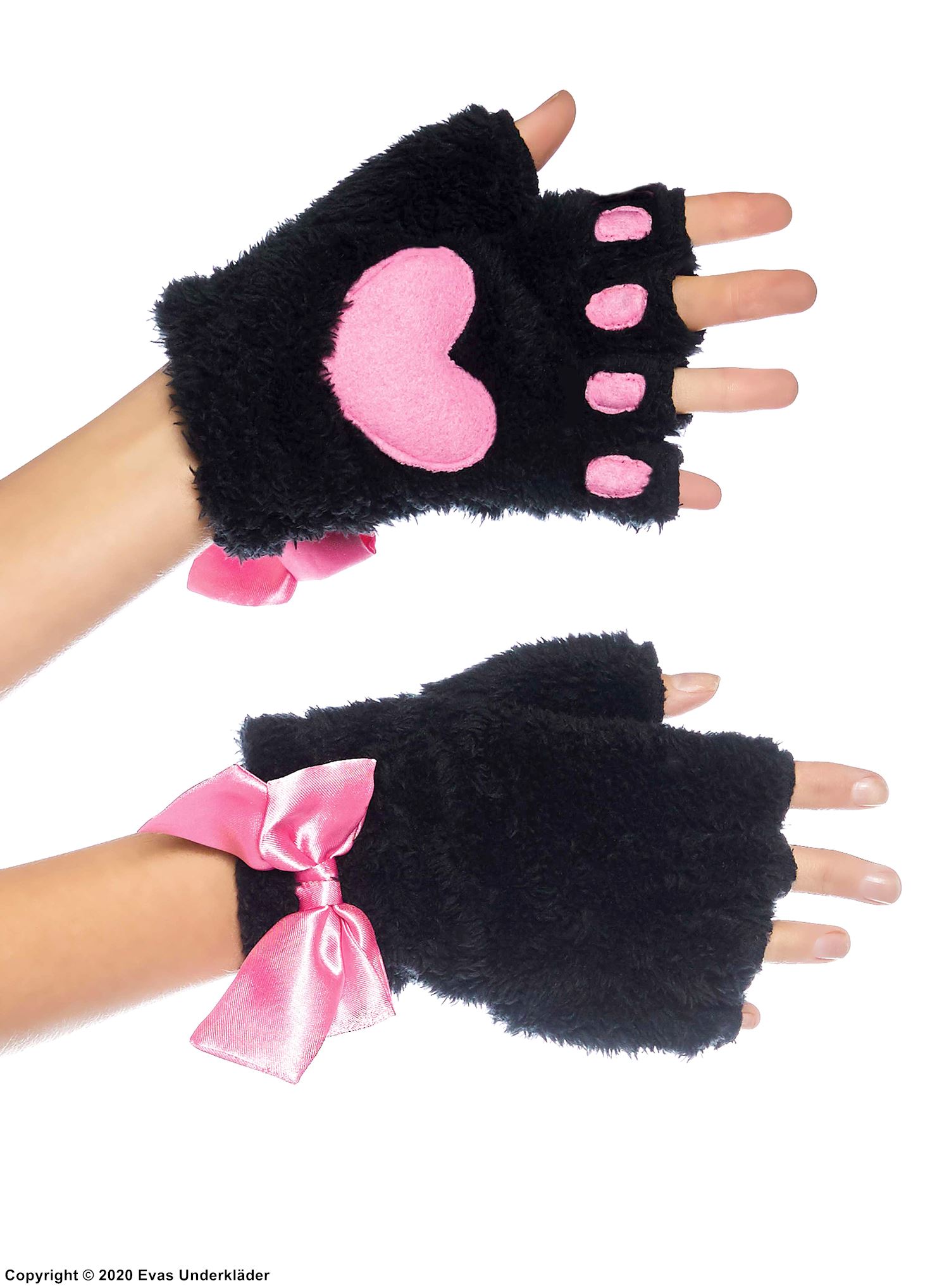 Cat (woman), fingerless gloves, bow, faux fur
